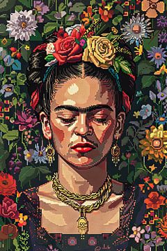 Frida's digitale bloemenkroon - pixel art portret van Felix Brönnimann