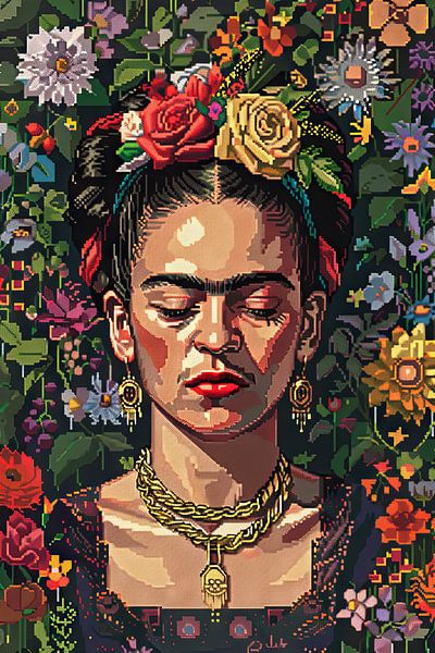 La couronne de fleurs numérique de Frida - Portrait en pixel art par Poster Art Shop