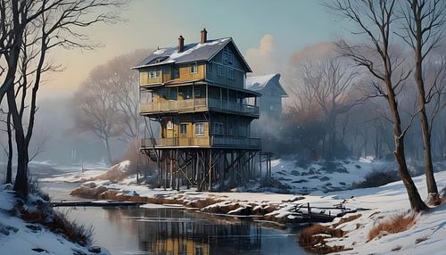 een paalwoning in de hei, winter, balkons