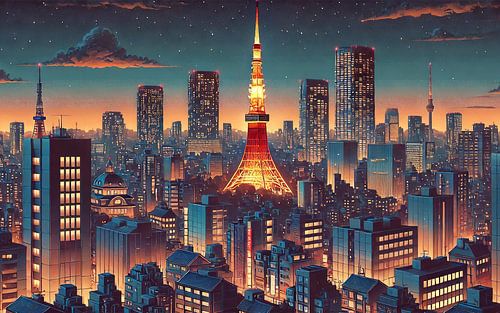 Affiche vintage de la nuit de Tokyo, Japon