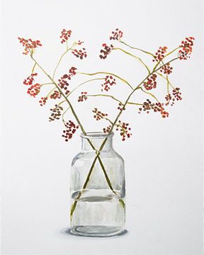 Watercolour of a glass vase with red orange berries on branch by Bianca ter Riet