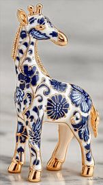 giraffe in delft blue and gold on a white marble background by Gelissen Artworks