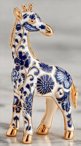 giraffe in delfts blauw en goud op een wit marmeren achtergrond