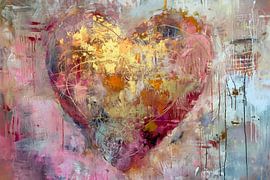 Goldenes Herz – Verträumtes, rosa abstraktes Gemälde von Joriali Abstrakte Kunst