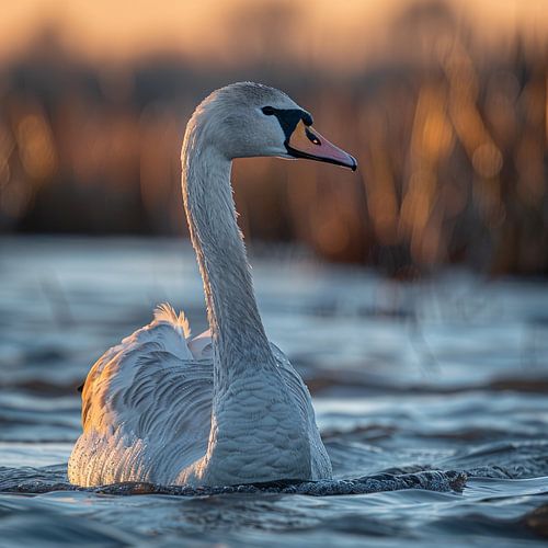 Ein eleganter Schwan gleitet bei Sonnenuntergang über das Wasser