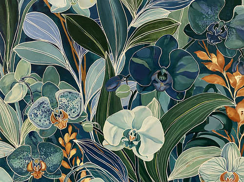 Peinture botanique représentant des orchidées bleues