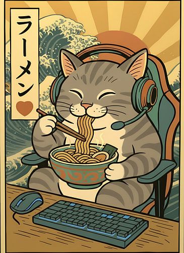 Funny gaming cat with wave eats ramen soup