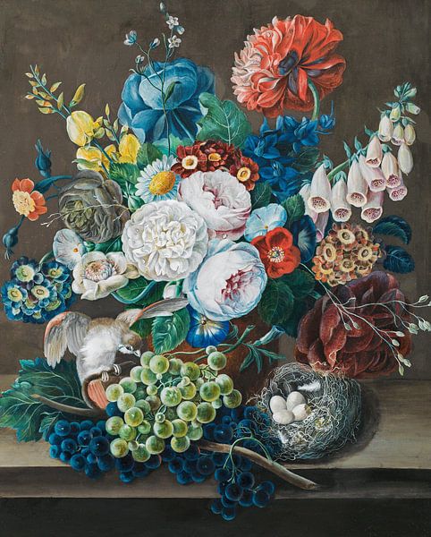 Blumenstillleben mit Trauben, Rotschwänzchen und Nest, Leopold Zinnögger von Meisterhafte Meister