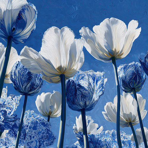 Delft Blue tulips, serene and botanical