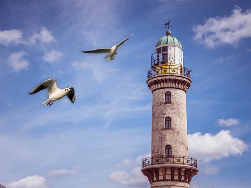 Vuurtoren in Warnemünde met meeuwen op de Oostzee