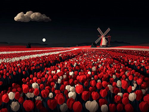 Night of Tulips | Dutch Mill under Starry Sky