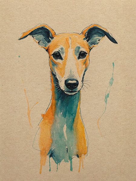 Sanftes Porträt eines Whippets in Aquarell von Hilde Remerie Fotografie und digitale Kunst