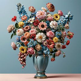 Farbenfroher Blumenstrauß in einer türkisfarbenen Vase von Rene Ladenius Digital Art