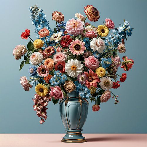 Bouquet coloré dans un vase turquoise sur Rene Ladenius Digital Art