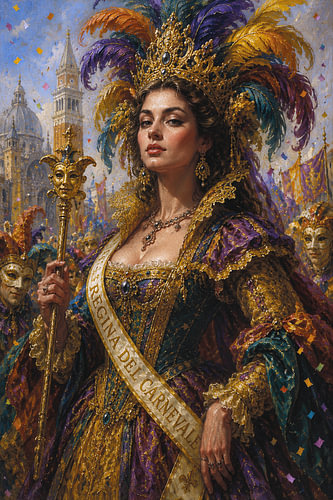 A colourful painting of the Carnival Queen.