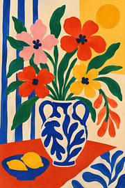 Von Matisse inspiriertes, farbenfrohes Blumenstillleben mit Zitronen und Streifen | Bunte, moderne Wandkunst von Timeless Artworks