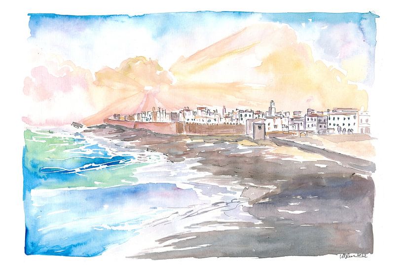 Essaouira Morocco view of medina with breaking ocean waves by Markus Bleichner