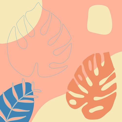 Zomertijd. Tropische botanische abstracte bladeren in terracotta, blauw en geel nr. 2_2