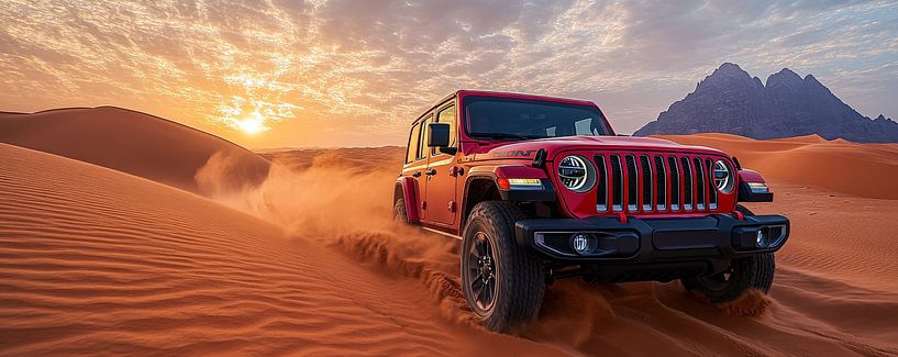 Roter Jeep Wrangler bei Sonnenuntergang in den Dünen von Lufy