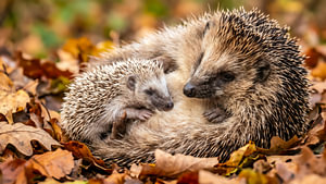 Een familie egels in de herfst