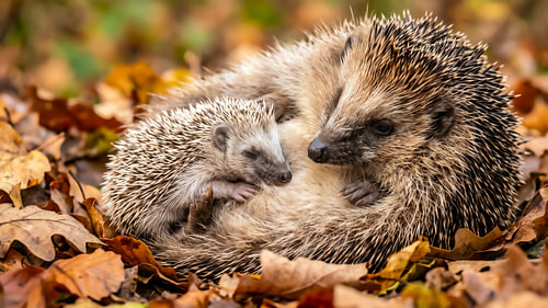 Een familie egels in de herfst