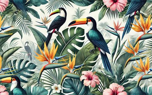 Tropische Tukane in üppigem Dschungelblatt von Chromatic Fusion Studio