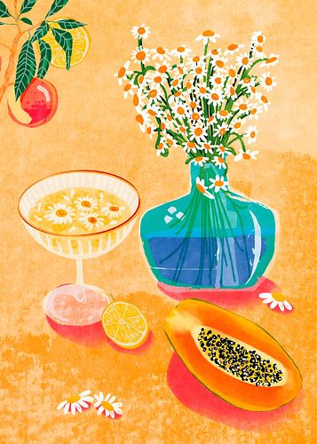Vibrant Still Life Art Daisy Flower Vase and Papaya