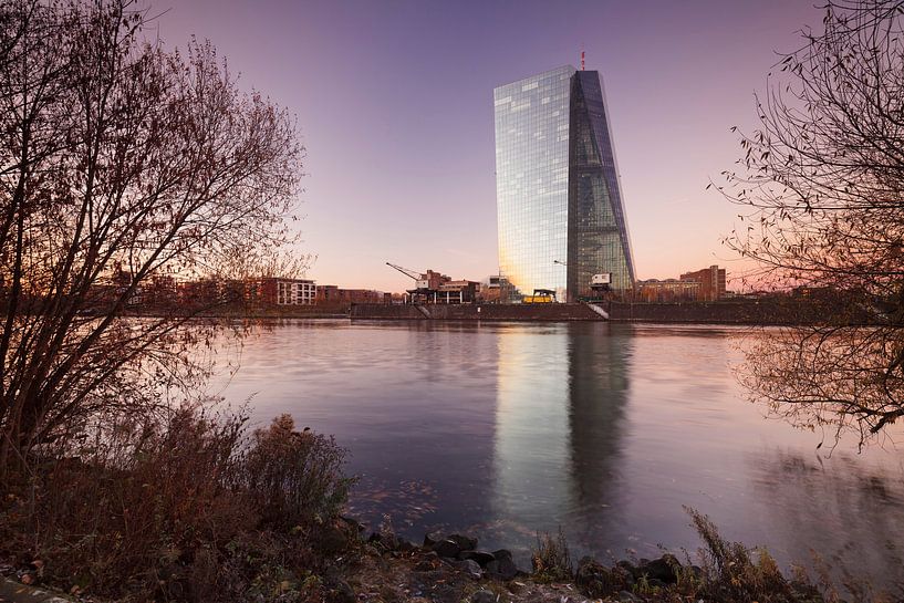 European Central Bank reflected in the Main River at sunset by Markus Lange