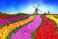 Landscape painting of Dutch tulip fields with two windmills by Tanja Udelhofen thumbnail