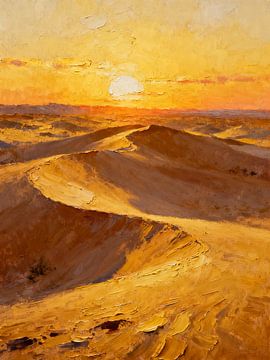 De eeuwige gloed van de zon boven het gebeeldhouwde woestijnzand