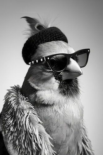 Un cardinal rouge stylé Avec des lunettes de soleil et une casquette en noir et blanc