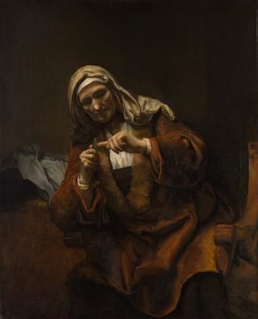 Oude Vrouw snijden haar nagels, de stijl van Rembrandt