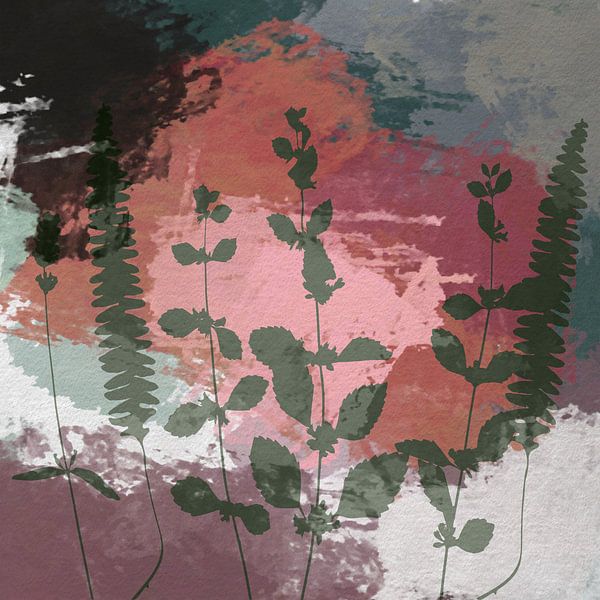 Feuilles et plantes sur fond pastel. Botanique dans un style rétro sur rose, orange rouille, rouge,  par Dina Dankers
