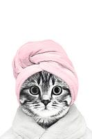 kat met badjas en handdoek, grappige badkamer