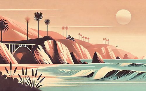 Vintage Californië, Kustlijn Poster