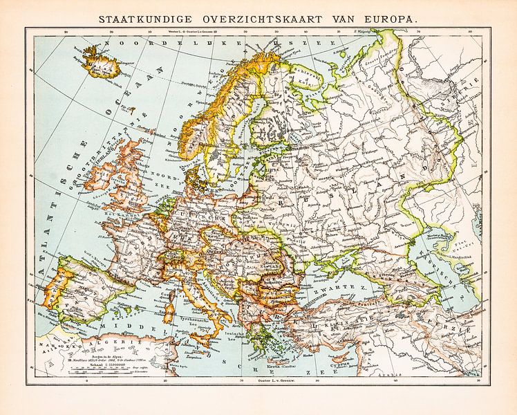 Europe, à l'échelle de l'état. Carte d'époque vers 1900 par Studio Wunderkammer
