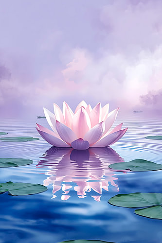 Heilige lotus op rustig water | Zen-wanddecoratie in aquarelstijl | Roze waterlelie als spa-decoratie