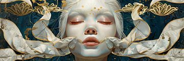 elegant en surrealistisch portrait met goud wit en blauw als panorama van Digitale Schilderijen