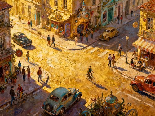 Straatkruising - Levendige stad in het warme avondlicht