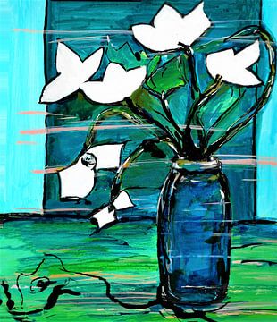Blaue Vase mit weißen Blumen . Aquarell handgemalt von Ineke de Rijk