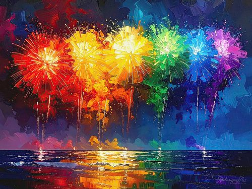 Vuurwerk: Een pastose viering van LGBTQIA+ kleuren boven een stille oceaan van verwachting en vernieuwing