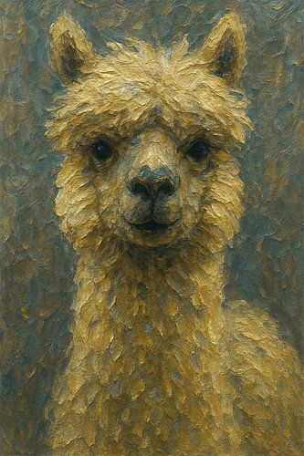 Gouden vacht in het berglandschap ( zacht speels portret vriendelijk lief dier warm schilderij)