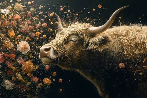Gentle breeze - Scottish Highlander cow in Sea of Flowers