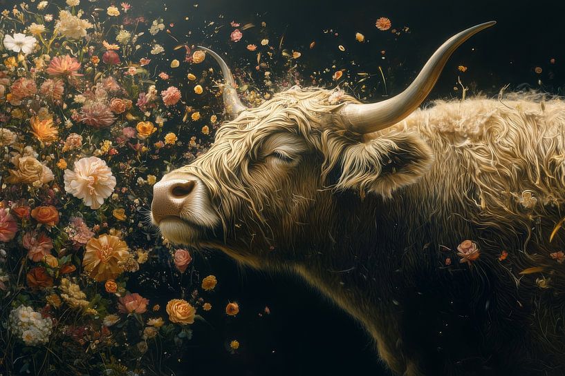 Gentle breeze - Scottish Highlander cow in Sea of Flowers by Eva Lee