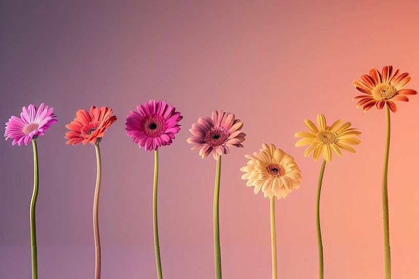 Gerbera line - Colourful flowers in a row by Poster Art Shop