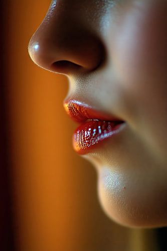 Profiel van een vrouw met glanzende rode lippenstift