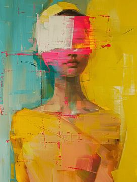 Modern abstract portret in felle neon kleuren van Carla Van Iersel