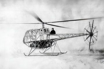 Tekening, gedetailleerde schets van één van de eerste helikopters -  van Peter Pen tekeningen en schilderijen