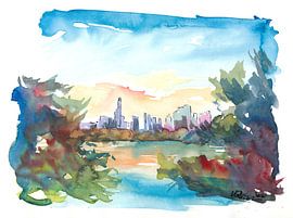 Vue de l'horizon de New York depuis Central Park avec un étang