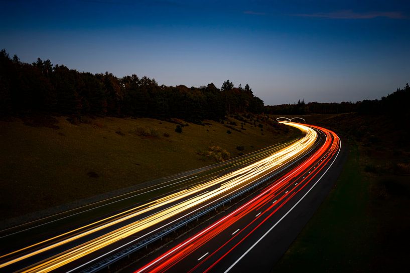 Traffic on a multiple lane highway through nature at night. by Sjoerd van der Wal Photography